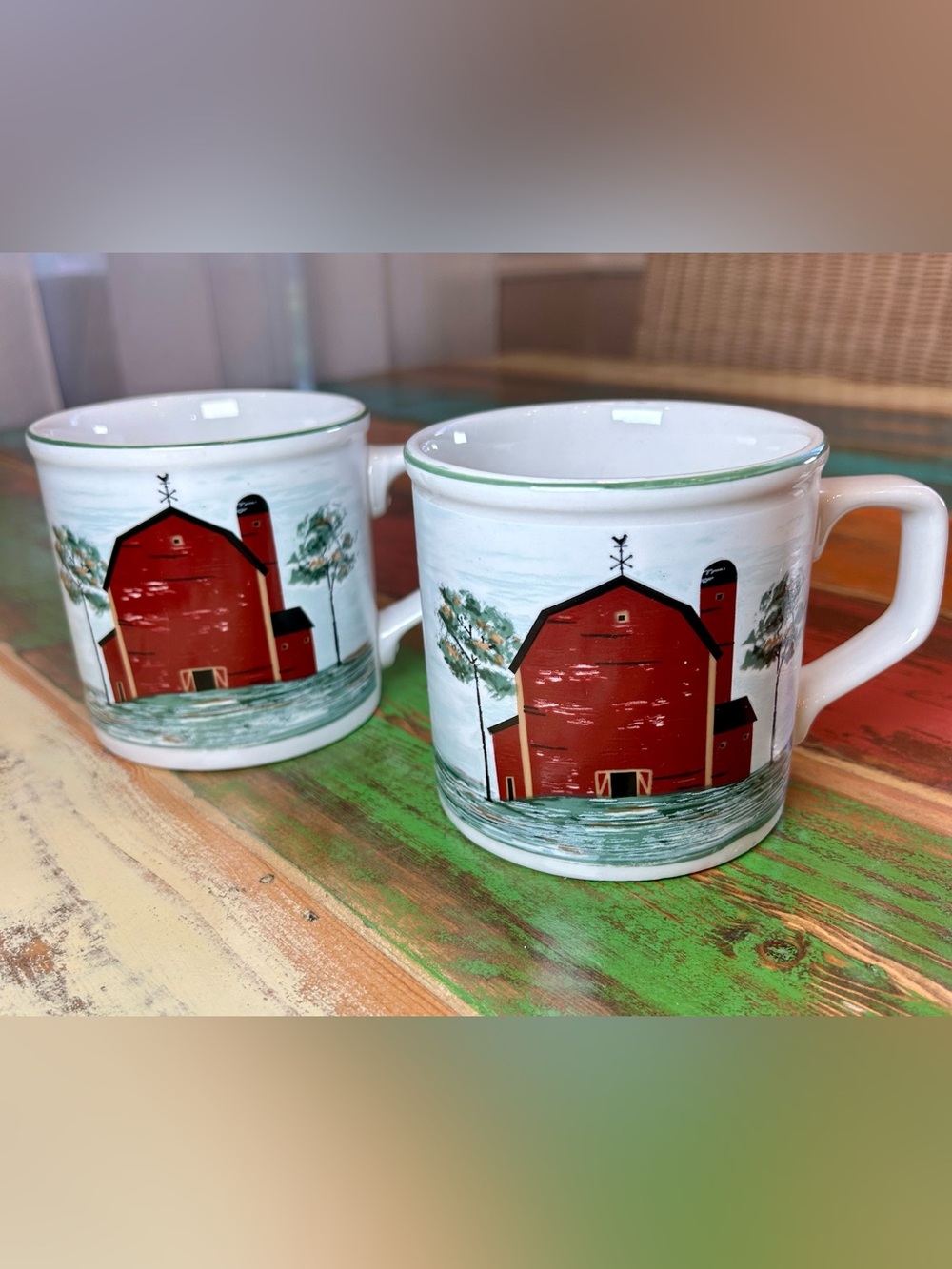 Vintage Tienshan Stoneware Prairie Red Barn Coffee Mugs Set of 2 Retired EUC